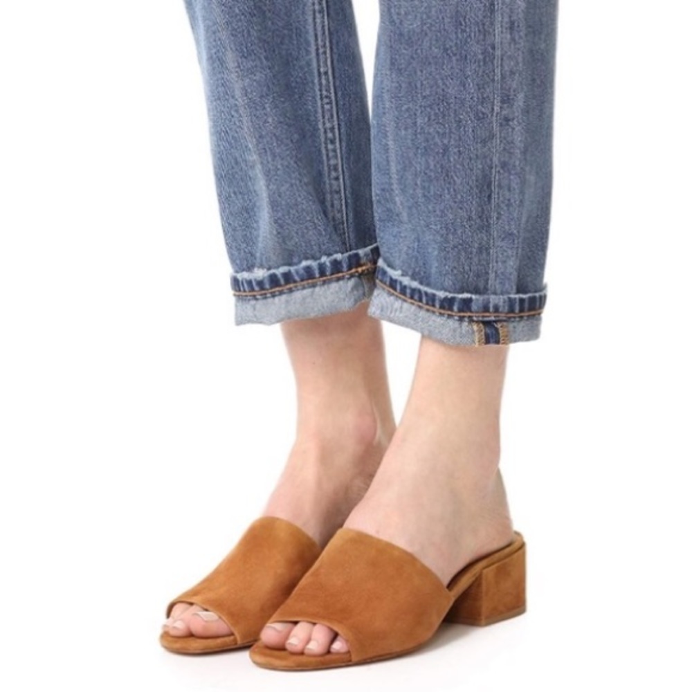 Vince Rachelle Suede Mule Peep Open Toe Slides Tan